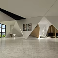 Yunding Art Gallery Interior With White Walls Geometric Shapes And Hanging Artworks