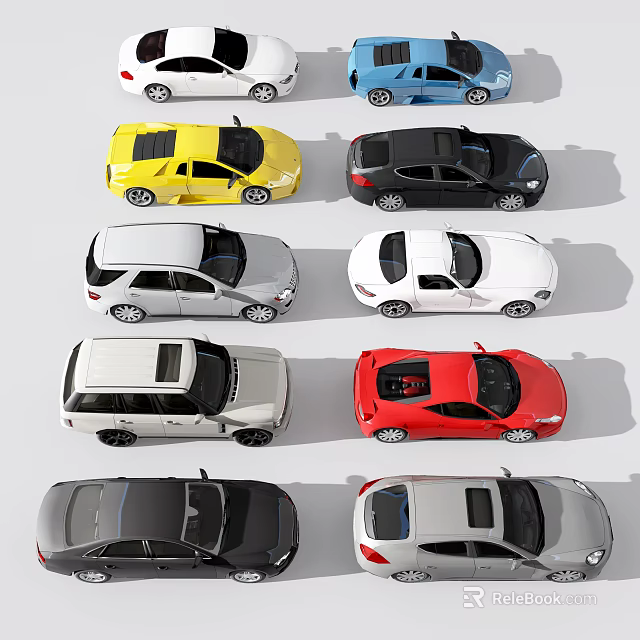 Multiple Cars in Various Colors and Different Models Displayed from Top View 3d model