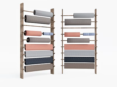 Wooden Storage Rack With Multiple Layers Holding Various Colored Rolled Materials 3d model