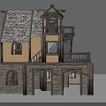 Traditional Stone Base Two Story Cottage With Yellow Walls Gray Roof And Balcony