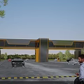 Modern Entrance Gate Design With Golden Accents And Cars In Open Parking Area