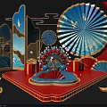 Chinese Fan Shaped Display Stand With Crane Patterns Red Blue Decor And Gift Boxes 3d model