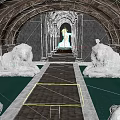 Arched Tunnel With Lion Statues Along Stone Brick Pathway And End Light