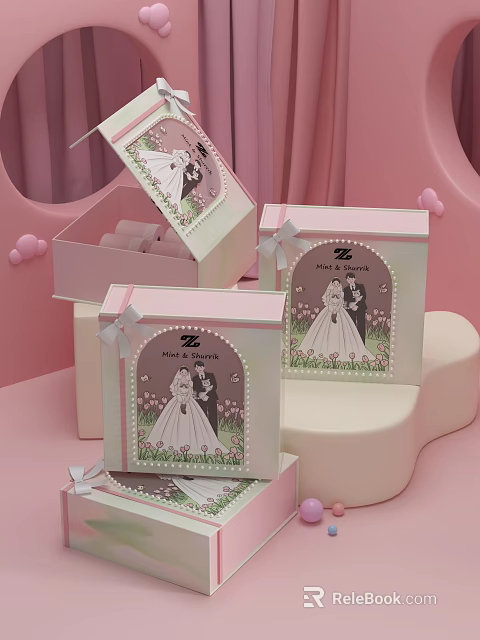 Pink Themed Decorative Ornament Set With Wedding Couple Prints Bowknot Boxes And Best Wishes 3d model 