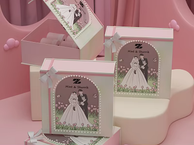 Pink Themed Decorative Ornament Set With Wedding Couple Prints Bowknot Boxes And Best Wishes 3d model