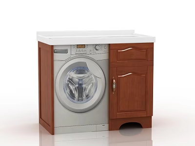 Modern Wooden Washbasin Vanity With White Countertop And Built In Washing Machine 3d model