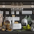 Modern Kitchen Utensils And Appliances With Coffee Machine Toaster Glasses Fruits And Jars