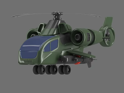 Green Toy Helicopter Model With Rotors Blue Windows And Black Wheels Design 3d model