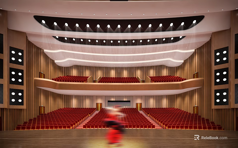 Cultural Center Theater With Red Seats Multiple Tiers Stage And Wooden Walls Lighting 3d model 