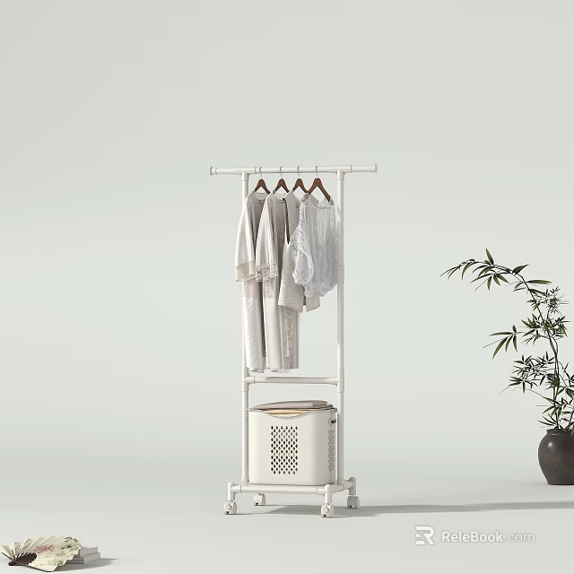 Minimalist Modern White Clothes Rack With Storage Basket Hanging Light Colored Clothes And Bamboo Plant 3d model 