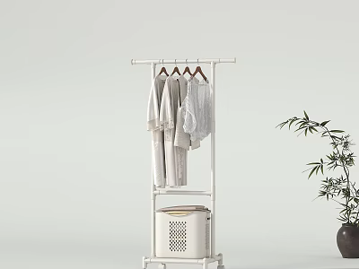 Minimalist Modern White Clothes Rack With Storage Basket Hanging Light Colored Clothes And Bamboo Plant 3d model
