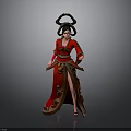 Woman In Red Ancient Style Costume With Gold Decorations Slit Skirt And Elaborate Headdress