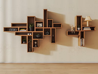 Modern Wall Mounted Wooden Shelving Unit With Decorative Storage Books And Potted Plants 3d model