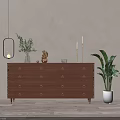 Wooden Entryway Cabinet Sideboard with Drawers Featuring Green Plant Candlesticks Sculpture and Hanging Lamp