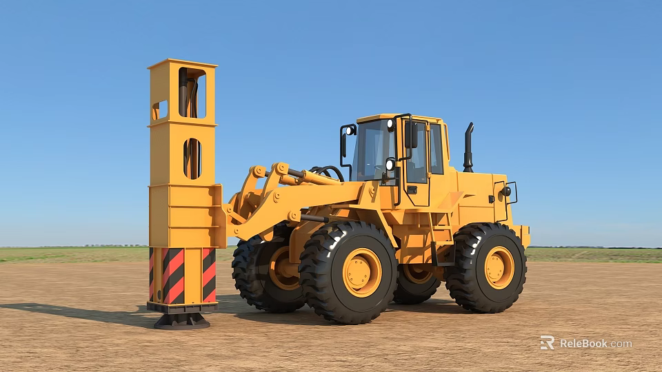 Yellow Utility Vehicle With Large Tires And Front Boom In Open Field Under Blue Sky 3d model 