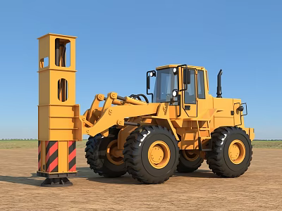 Yellow Utility Vehicle With Large Tires And Front Boom In Open Field Under Blue Sky 3d model