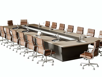 Modern Office Conference Table With Light Top Black Base And Brown Rolling Chairs 3d model