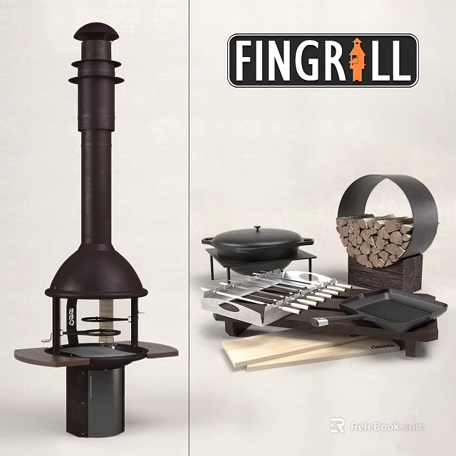 Fingerll Outdoor Cookware Collection Featuring Chimney Grill Pan and Firewood Storage Rack 3d model 