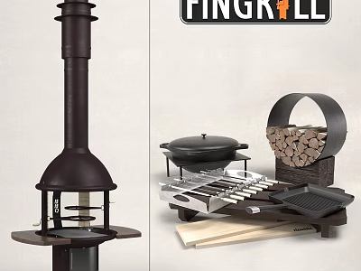 Fingerll Outdoor Cookware Collection Featuring Chimney Grill Pan and Firewood Storage Rack 3d model