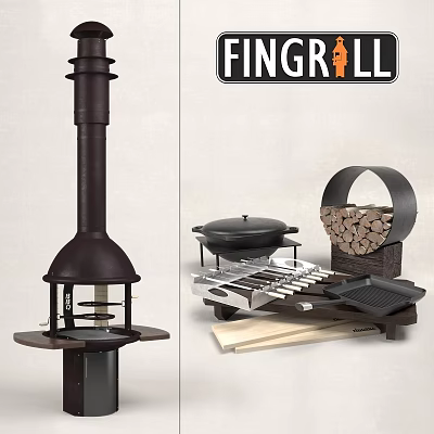 Fingerll Outdoor Cookware Collection Featuring Chimney Grill Pan and Firewood Storage Rack 3d model