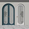 Dark Green And White Arched Swing Doors With Glass Panels And Potted Plants
