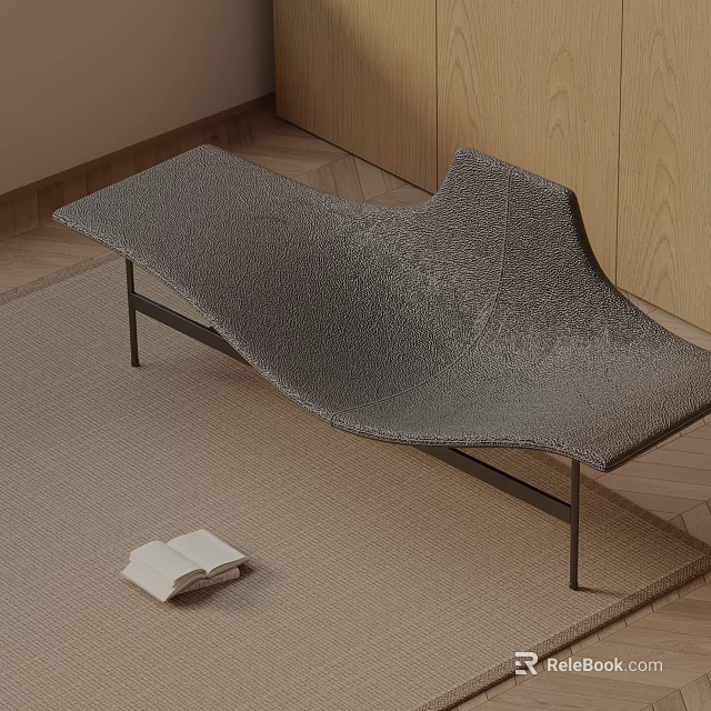 Gray Textured Leisure Chair with Black Metal Legs Book Beside Wooden Floor Rug 3d model 