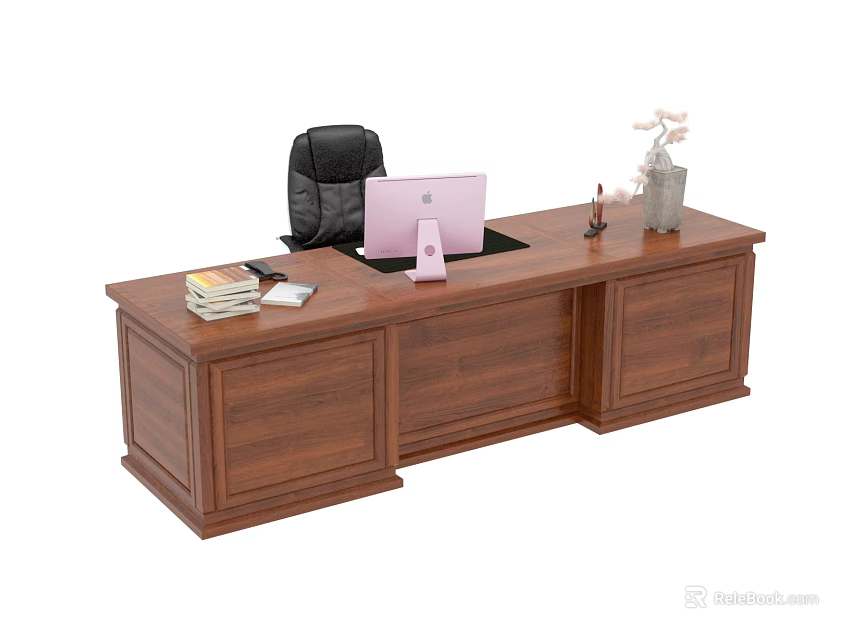 Executive Wooden Office Desk With Black Chair Pink Laptop Books Vase Pen Holder And Drawers 3d model 