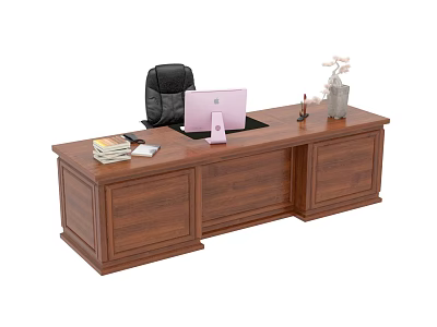 Executive Wooden Office Desk With Black Chair Pink Laptop Books Vase Pen Holder And Drawers 3d model