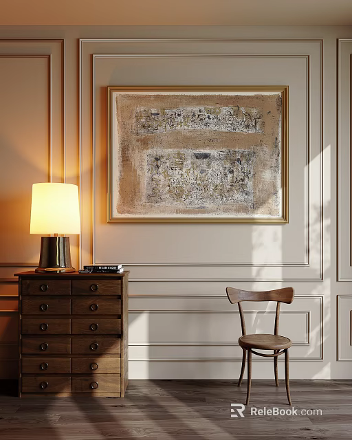 Elegant Abstract Painting Hanging On Wall With Table Lamp Drawer Cabinet And Chair 3d model 