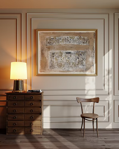 Elegant Abstract Painting Hanging On Wall With Table Lamp Drawer Cabinet And Chair 3d model