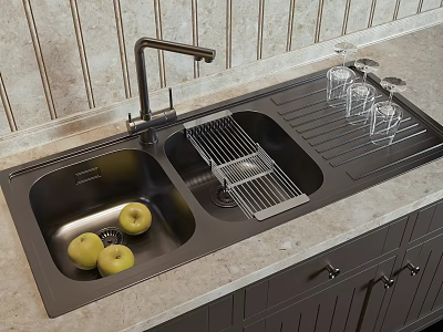 Black Double Bowl Kitchen Sink With Green Apples Drying Rack Faucet And Marble Countertop 3d model