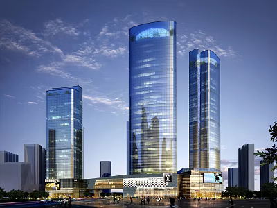 Sleek Modern Office Towers With Glass Curtain Walls And Urban Evening Lighting 3d model