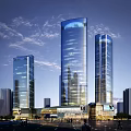 Sleek Modern Office Towers With Glass Curtain Walls And Urban Evening Lighting