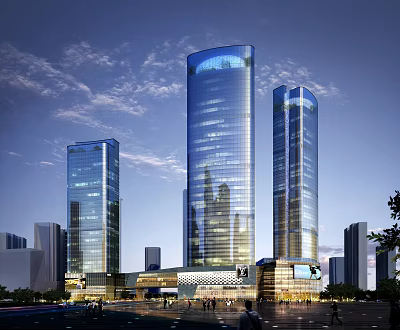 Sleek Modern Office Towers With Glass Curtain Walls And Urban Evening Lighting 3d model