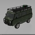 Green Off Road Van With Roof Rack And Cargo Bag On Top Exterior View