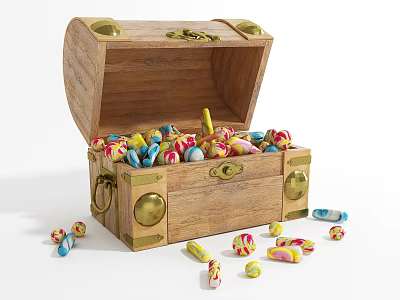 Open Wooden Chest With Brass Decorations Filled With Colorful Candies And Scattered Sweets 3d model