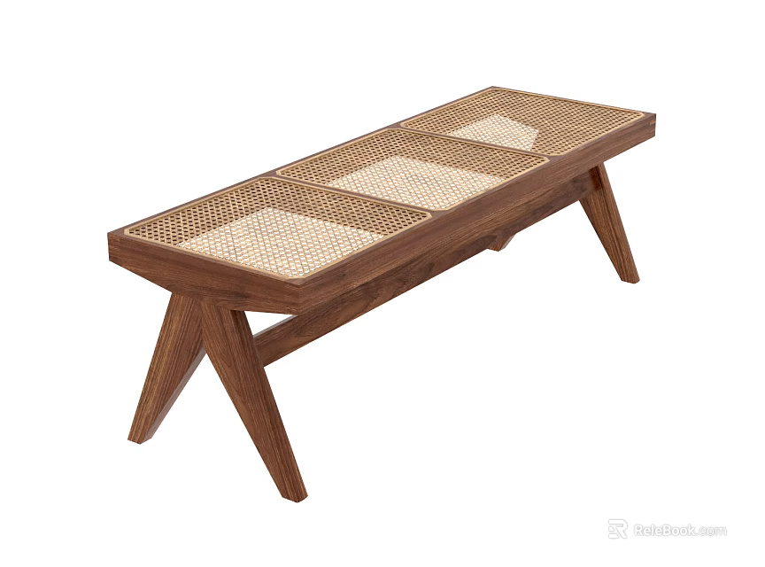 Modern Minimalist Wooden Long Stool With Woven Seat And Triangular Legs 3d model 