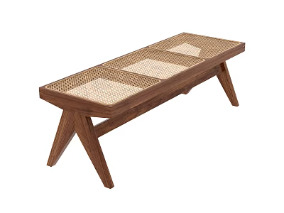 Modern Minimalist Wooden Long Stool With Woven Seat And Triangular Legs 3d model