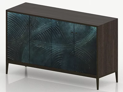 Dark Wood Cabinet With Textured Blue Doors And Wave Patterns On Slender Legs 3d model