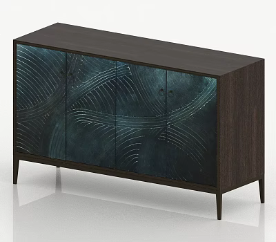 Dark Wood Cabinet With Textured Blue Doors And Wave Patterns On Slender Legs 3d model