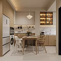 Modern Restaurant Dining Area With Wooden Table Chairs Marble Backsplash White Refrigerator And Pendant Light