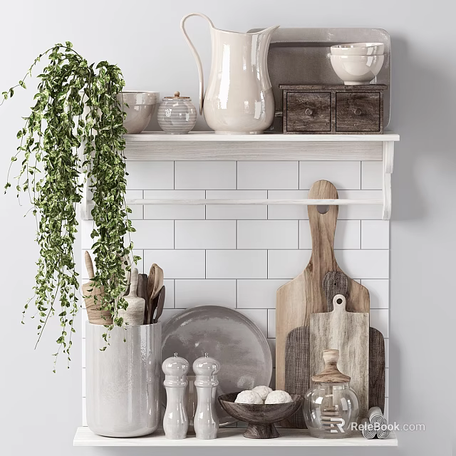 Rustic Kitchen Wall Shelf With Dinnerware Set Greenery And Decor 3d model 