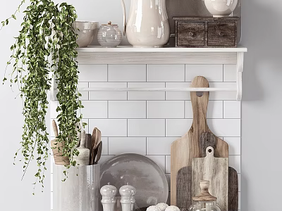 Rustic Kitchen Wall Shelf With Dinnerware Set Greenery And Decor 3d model