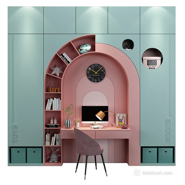 Pink Study Desk With Arched Bookshelf Books Clock Computer Lamp And Chair 3d model
