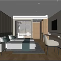 Modern Hotel Room Interior With Double Bed Nightstand Lamp TV Wall Desk Chair Wooden Floor