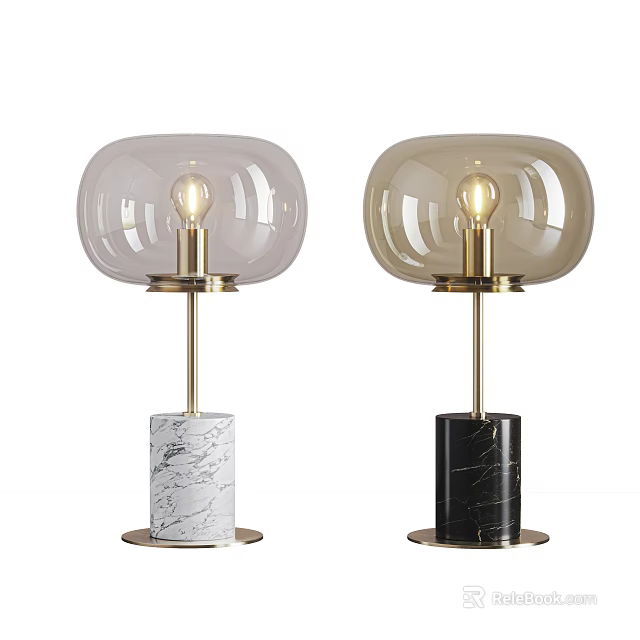 Modern Table Lamp With Transparent Shade Gold Stand And Black White Marble Base 3d model 