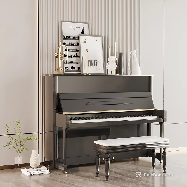 Black Piano with Easel Brushes and Paints in Stylish Room with Vase and Green Plants 3d model 