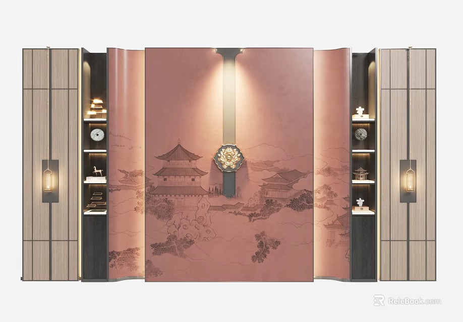 Chinese Style Sofa Backdrop Wall With Ancient Architecture Pattern Wooden Display Cabinets And Lighting 3d model