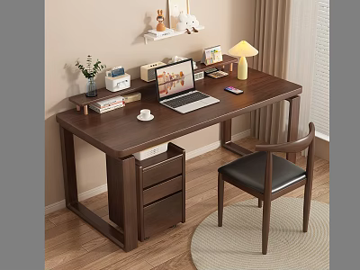 Modern Wooden Desk with Laptop Table Lamp Books Small Plant Drawer Cabinet and Chair 3d model
