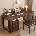 Modern Wooden Desk with Laptop Table Lamp Books Small Plant Drawer Cabinet and Chair